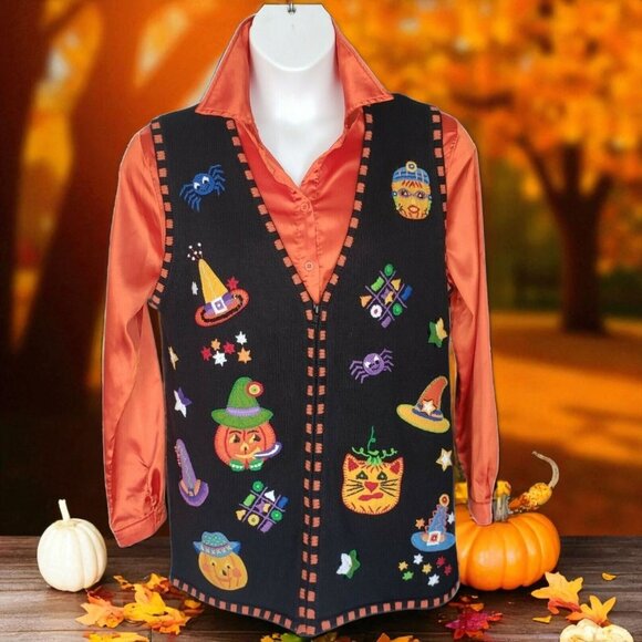 Halloween Sweater Vest Cats Pumpkin Witch Hats Embroidered Sequins Beads Size 18 - Picture 1 of 10